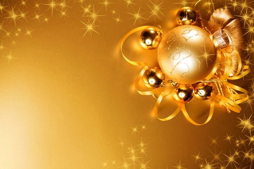 звезды, шары, новый год, праздник, лента, желтые, коричневые