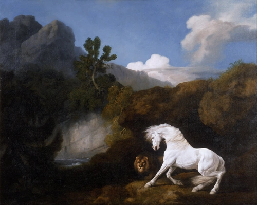конь, лев, природа, лес, холмы, голубые, белые, коричневые, картина, живопись